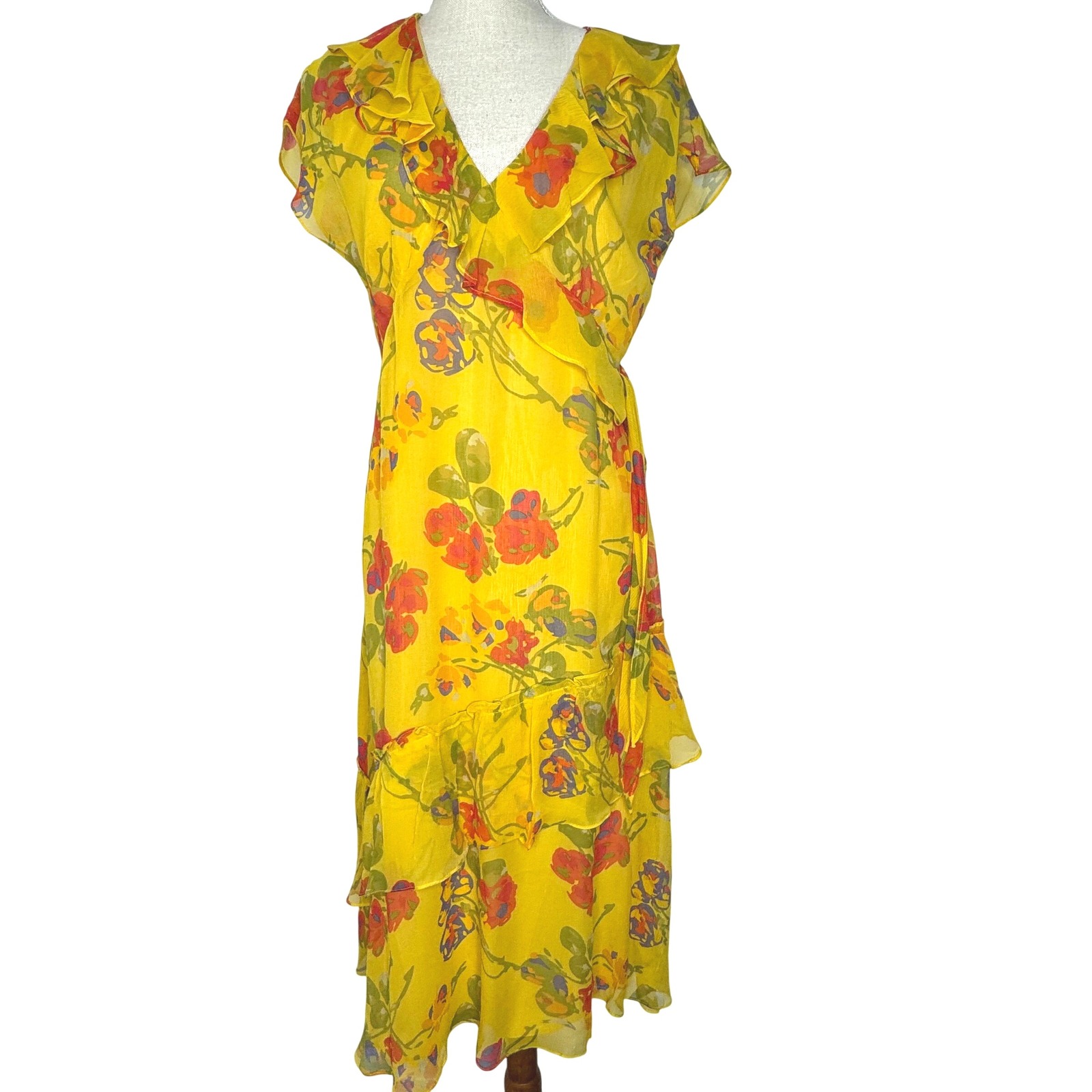 Sundance Golden Yellow Floral Faux Wrap Ruffle Silk Dress Size 8